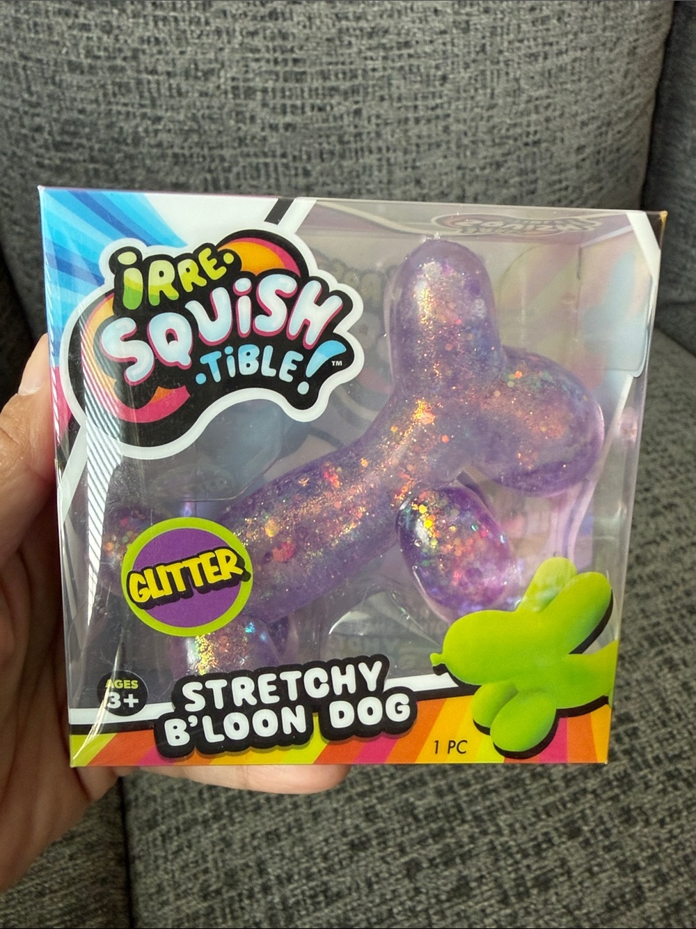 BNIB Viral Jaru Toys Irre-Squish-Tible! Stretchy B’Loon Dog, Purple Glitter